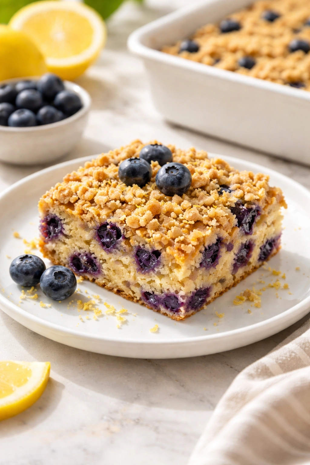 Slice of blueberry lemon baked oatmeal with streusel on white plate