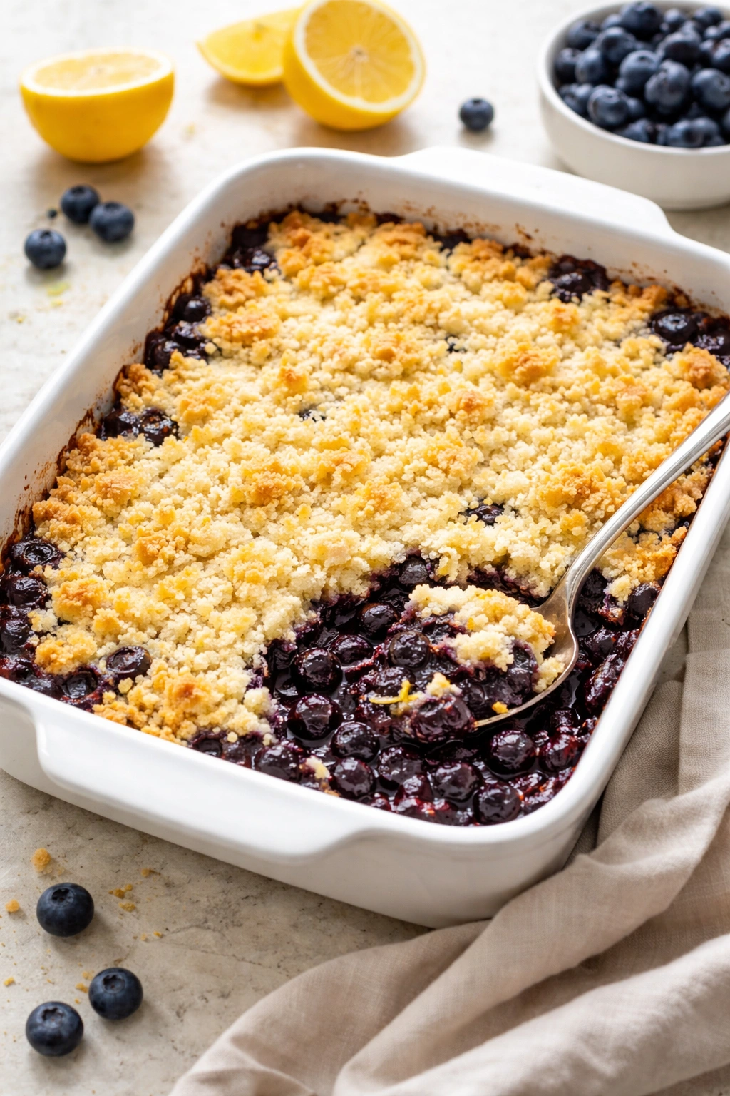 Close-up of Blueberry Lemon Dump Cake with blueberries and lemon zest in a bake dish