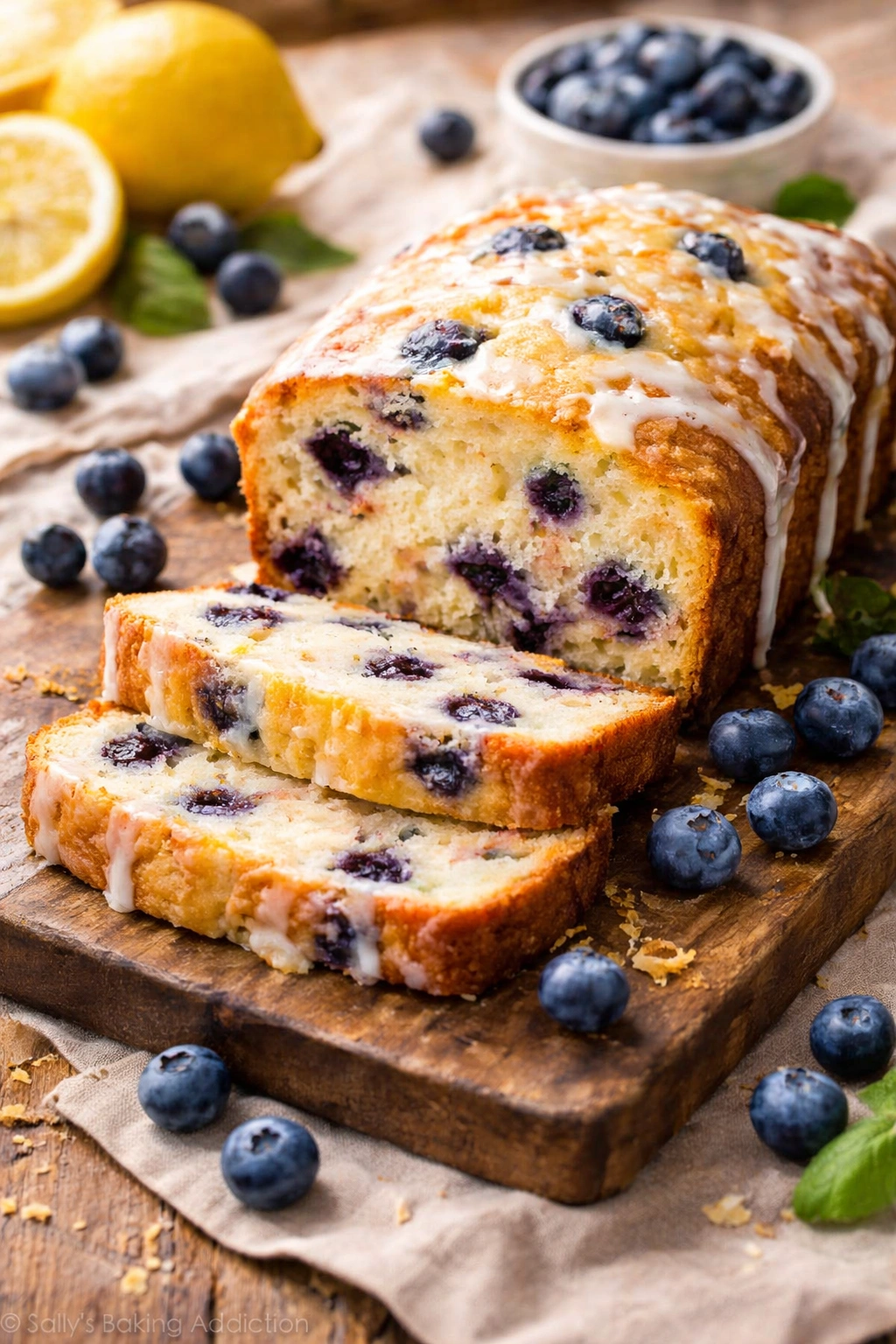 Blueberry lemon loaf variation on rustic board with blueberries around