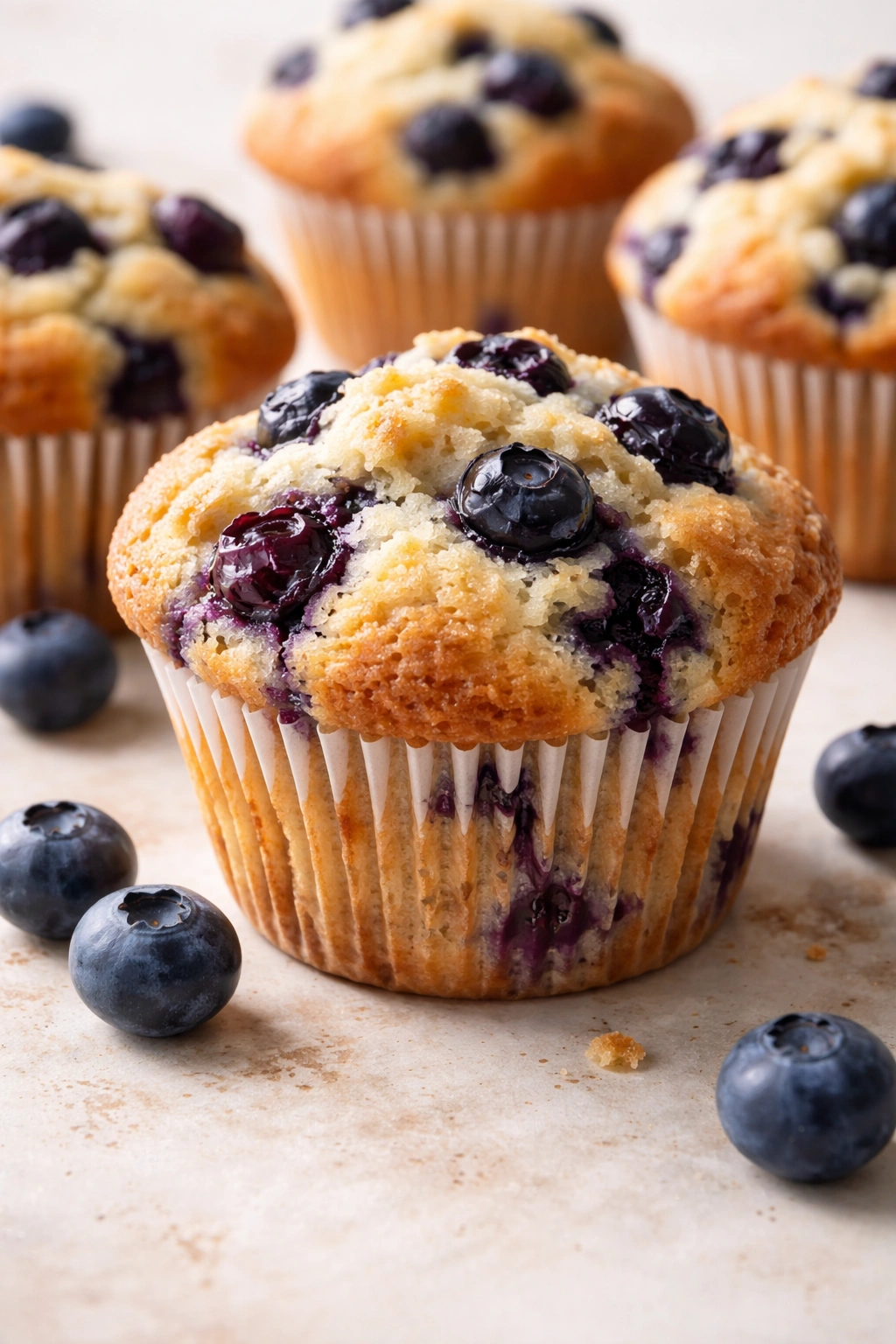 Blueberry muffin with plump berries visible on top and in crumb
