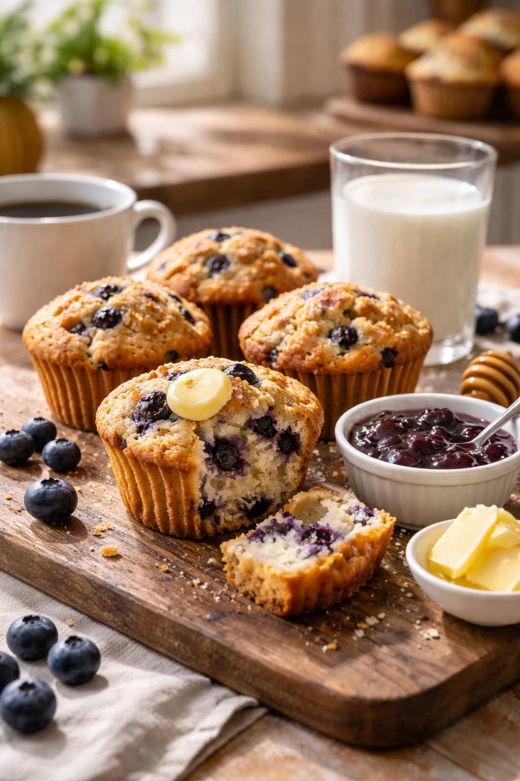Close-up of a blueberry muffin with butter and jam on a rustic wooden board beside a glass of milk