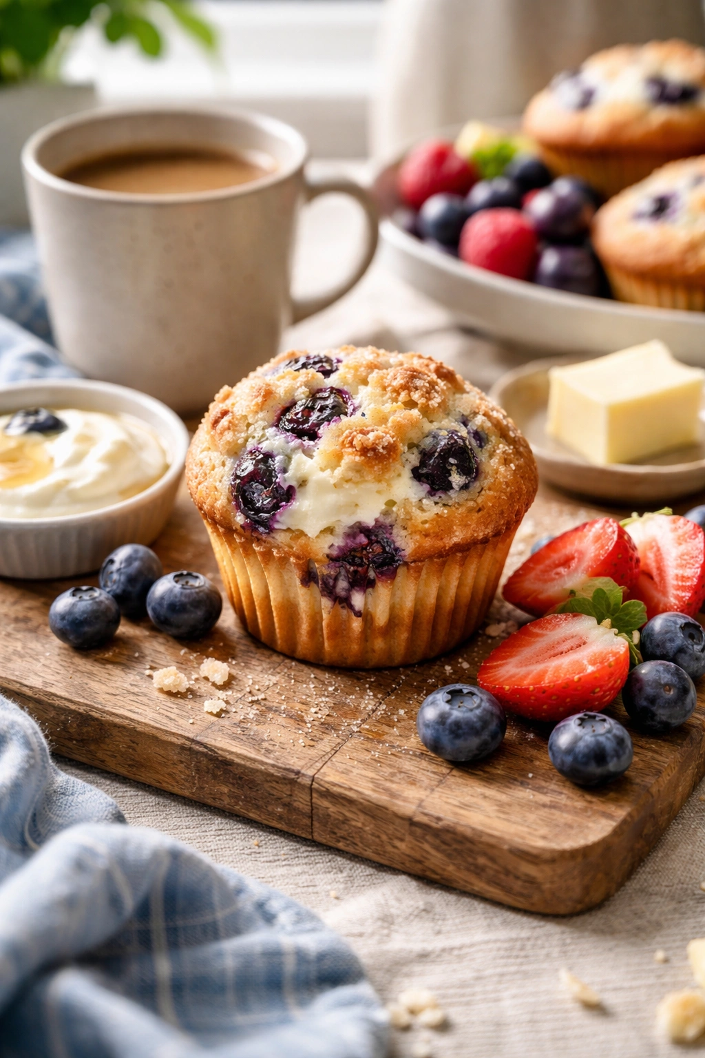 Blueberry cream cheese muffin with butter, whipped cream, berries and coffee in a cozy brunch scene