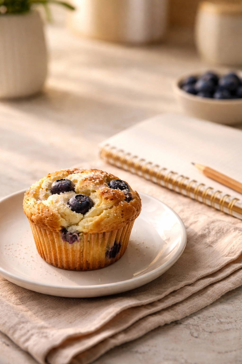 Muffin on plate with blank notebook and pencil in warm light, reflective breakfast mood