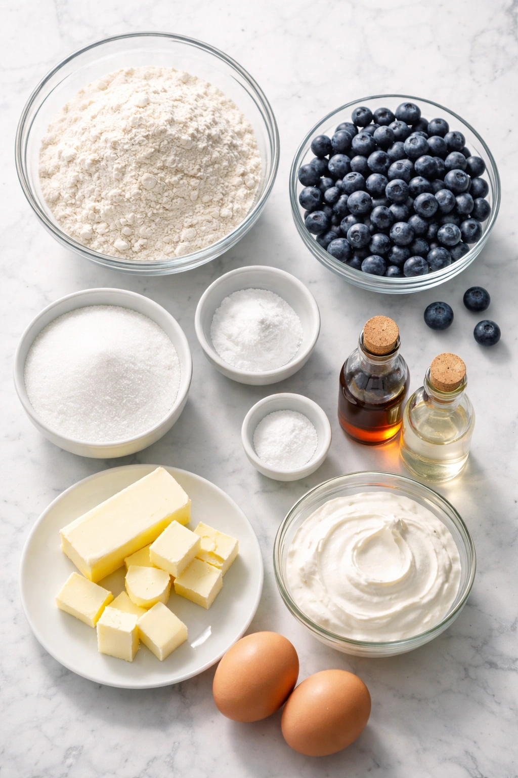 Ingredients laid out for blueberry muffins on a clean surface