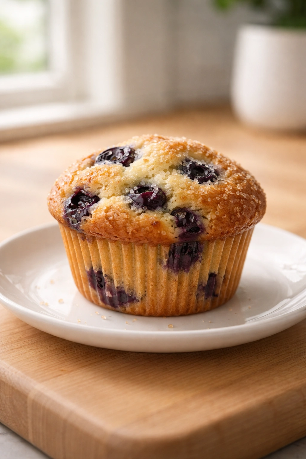 Close-up of a moist blueberry muffin on a plate in a quiet kitchen setting