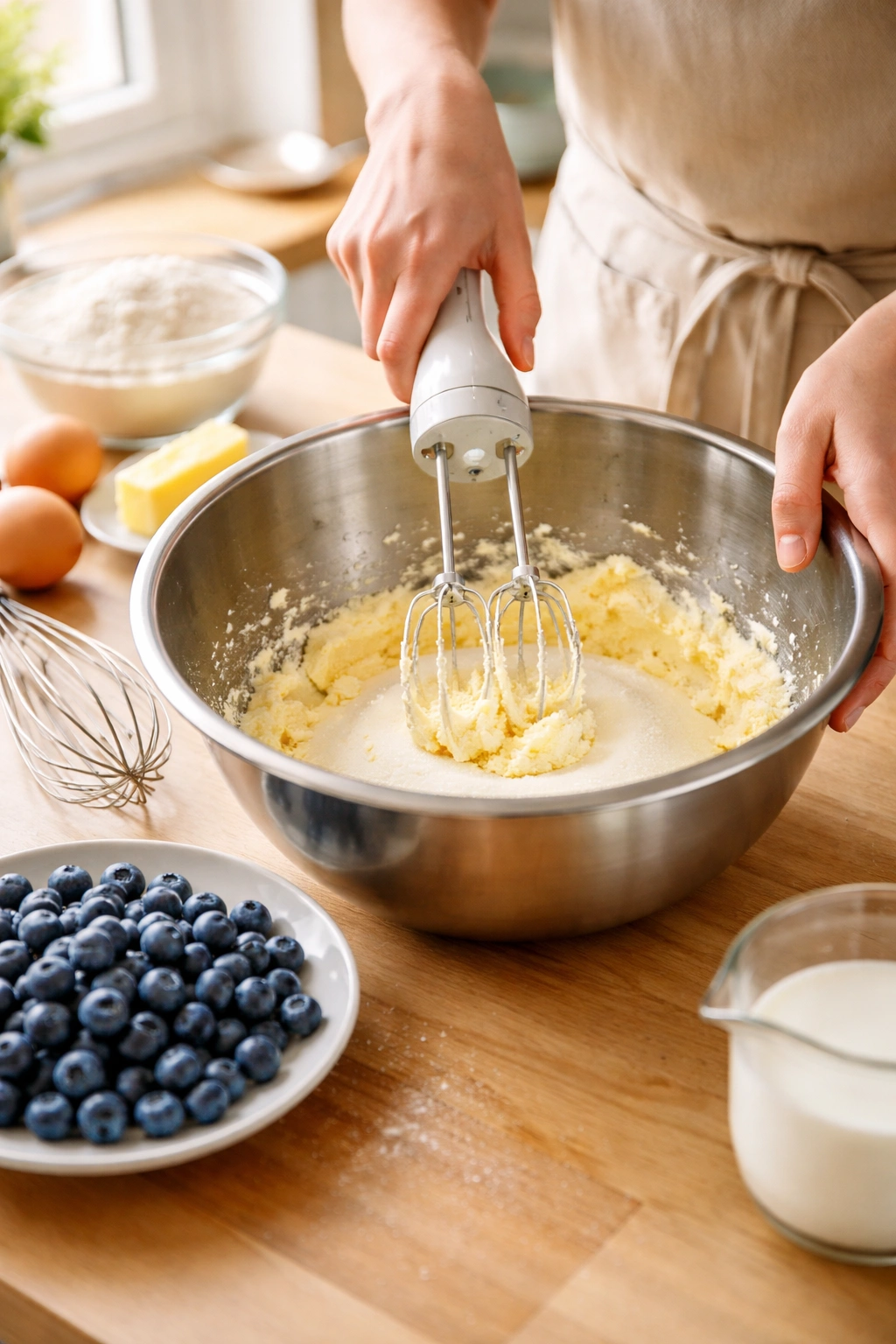 Close-up of batter prep with blueberries for blueberry muffins in a bright kitchen