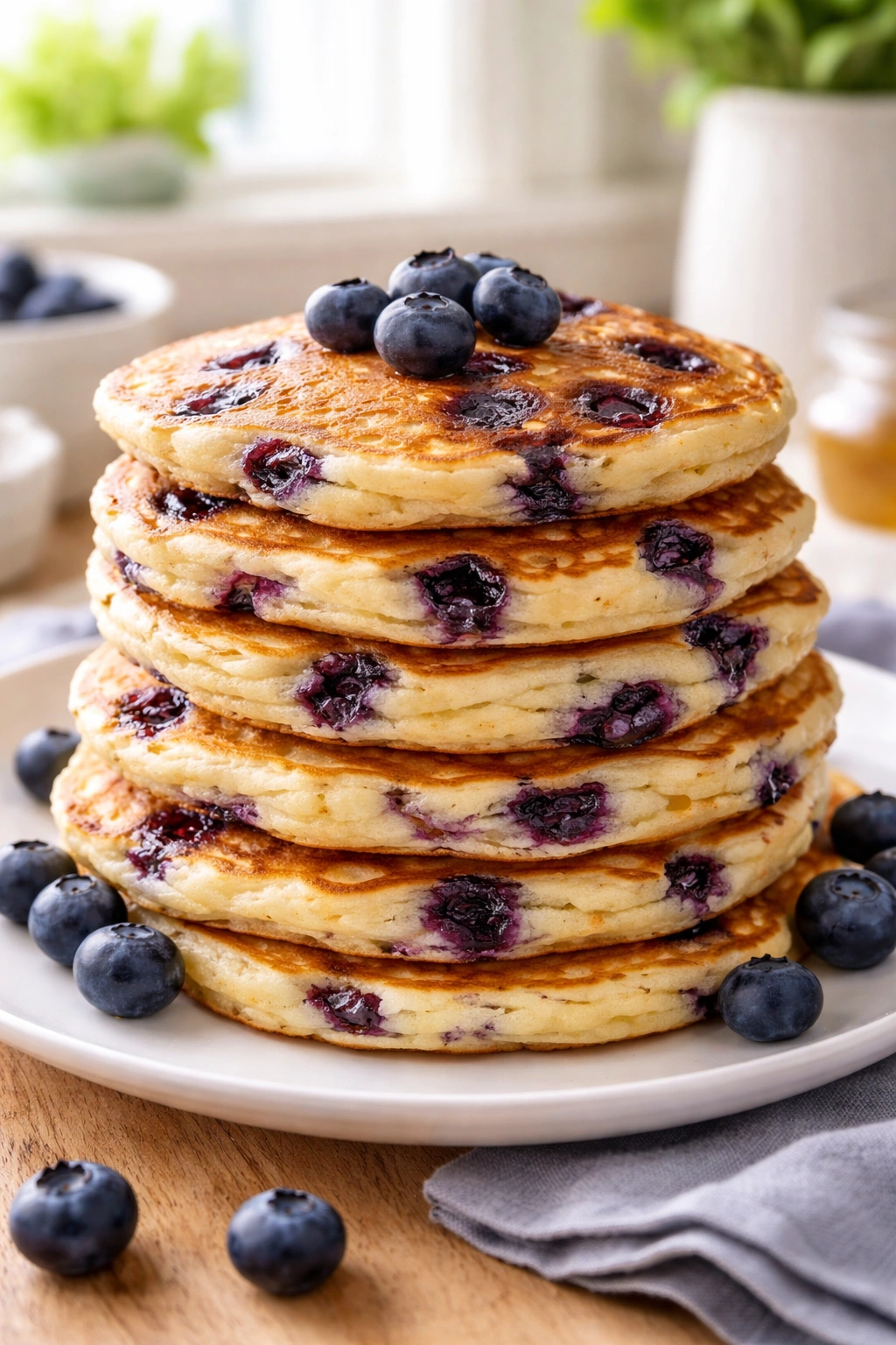 Stack of blueberry pancakes with blueberry pockets visible in batter