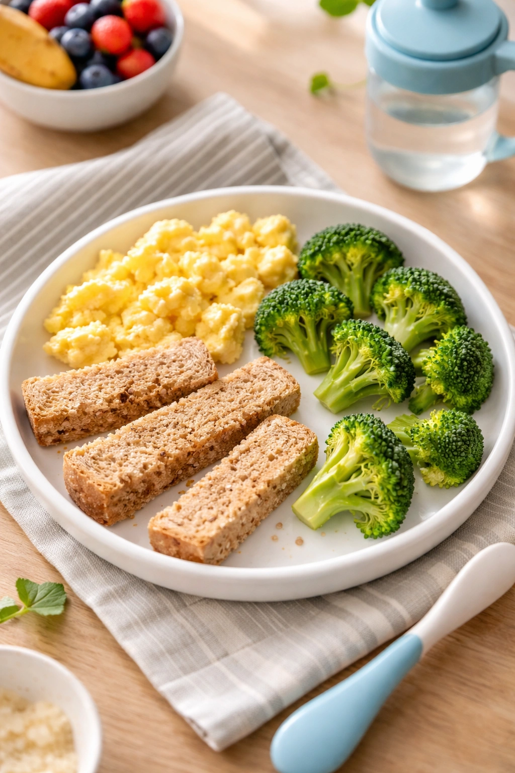 Baby-friendly plate with scrambled eggs, broccoli pieces, and toast strips for BLW