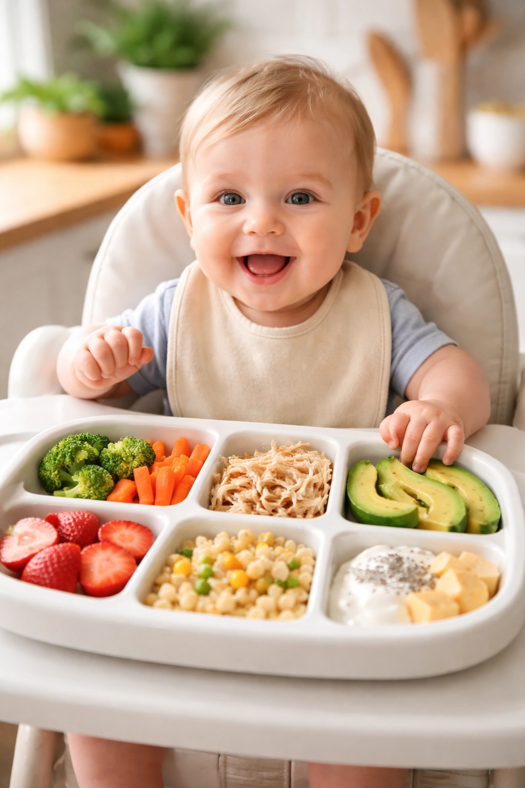 BLW variety expansion with a baby in high chair and a tray of soft foods