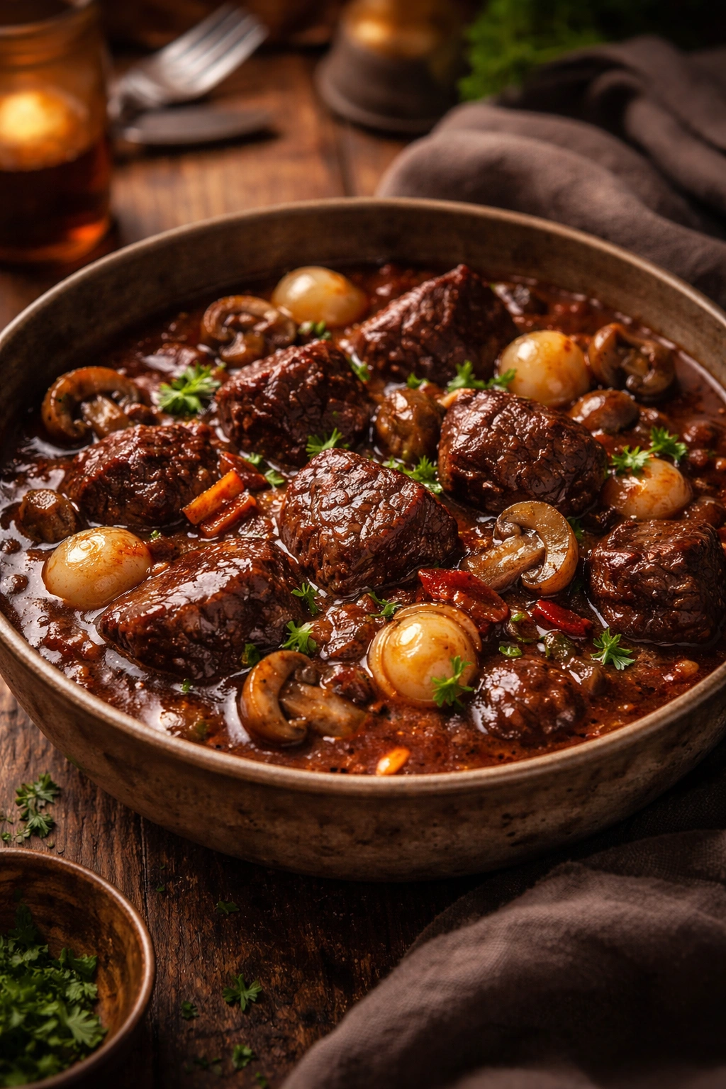 Close-up of Boeuf Bourguignon with beef, mushrooms, and pearl onions in wine sauce
