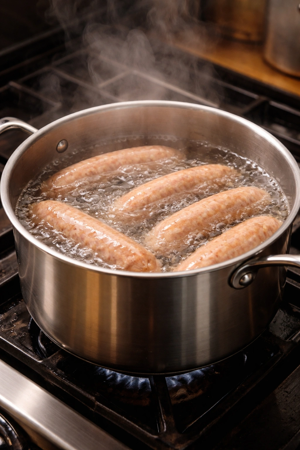 Sausages simmering in a pot of gently simmering water