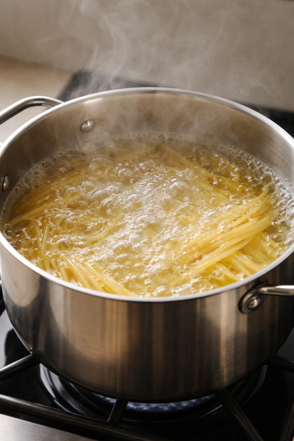 Boiling water in a large pot with visible steam