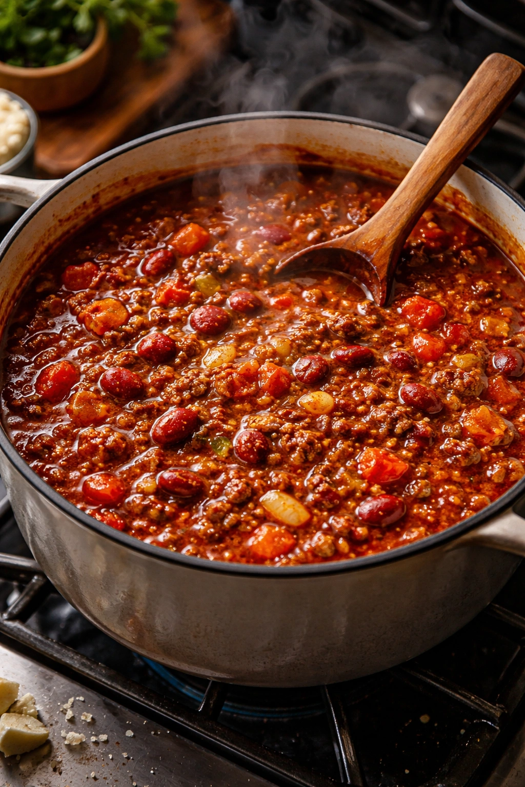 Vibrant chili in a pot showing rich color and steam.