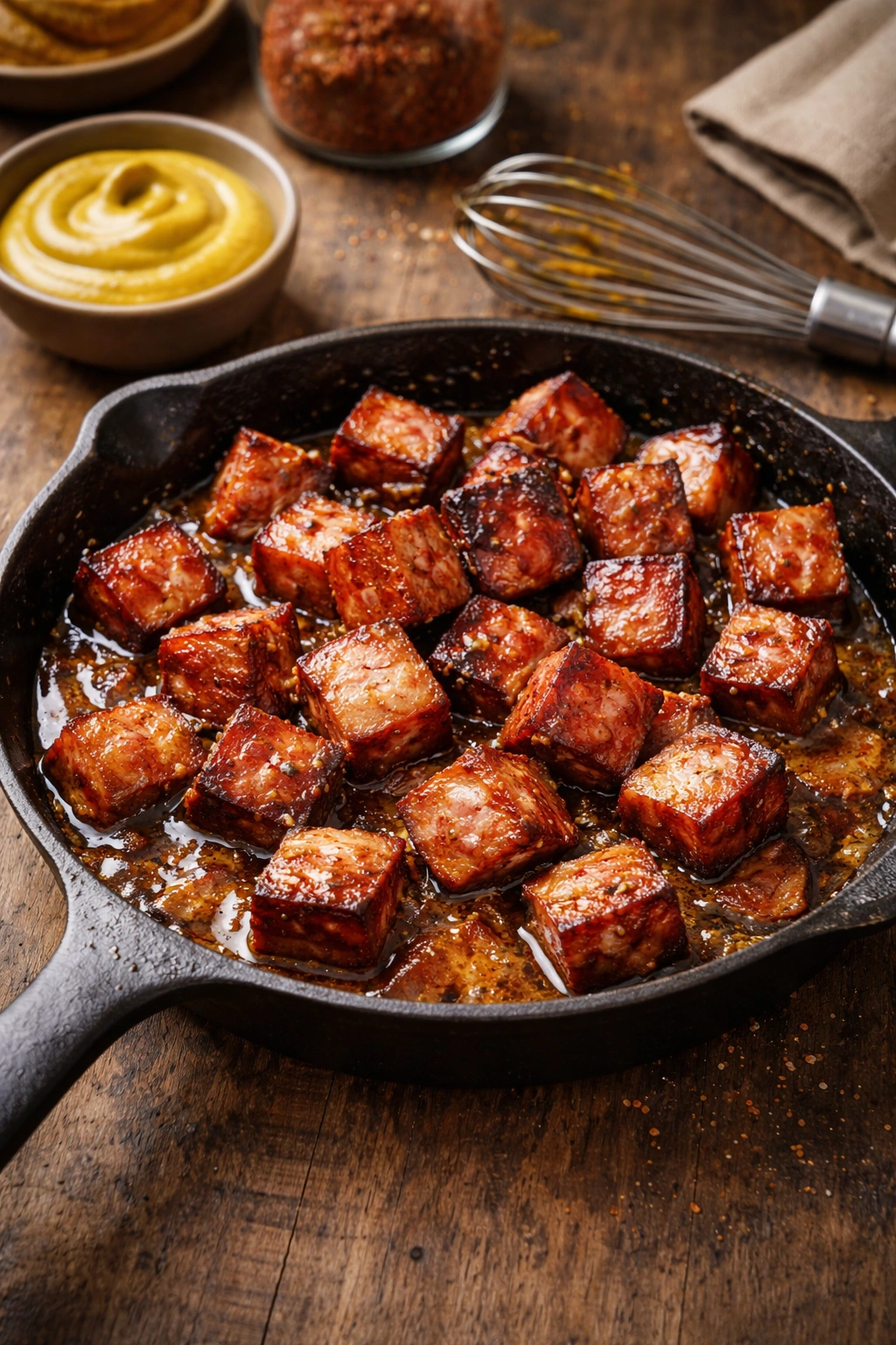 Bologna burnt ends with separated glaze and mustard setup illustrating troubleshooting
