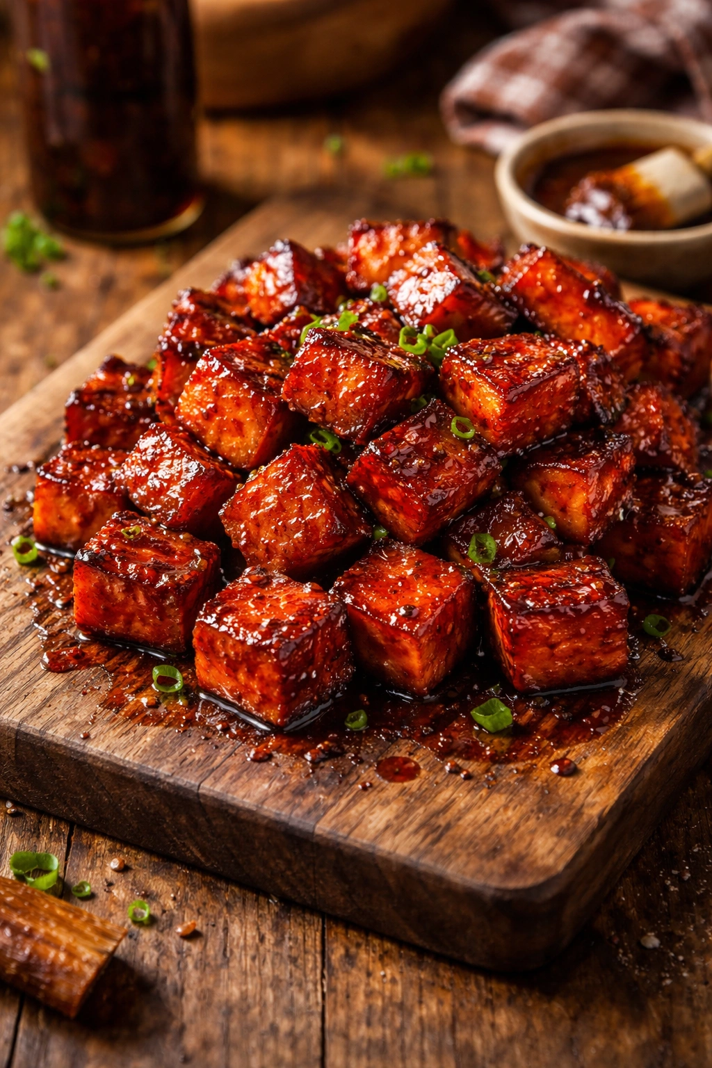 Close-up of glossy bologna burnt ends cubes on a wooden board