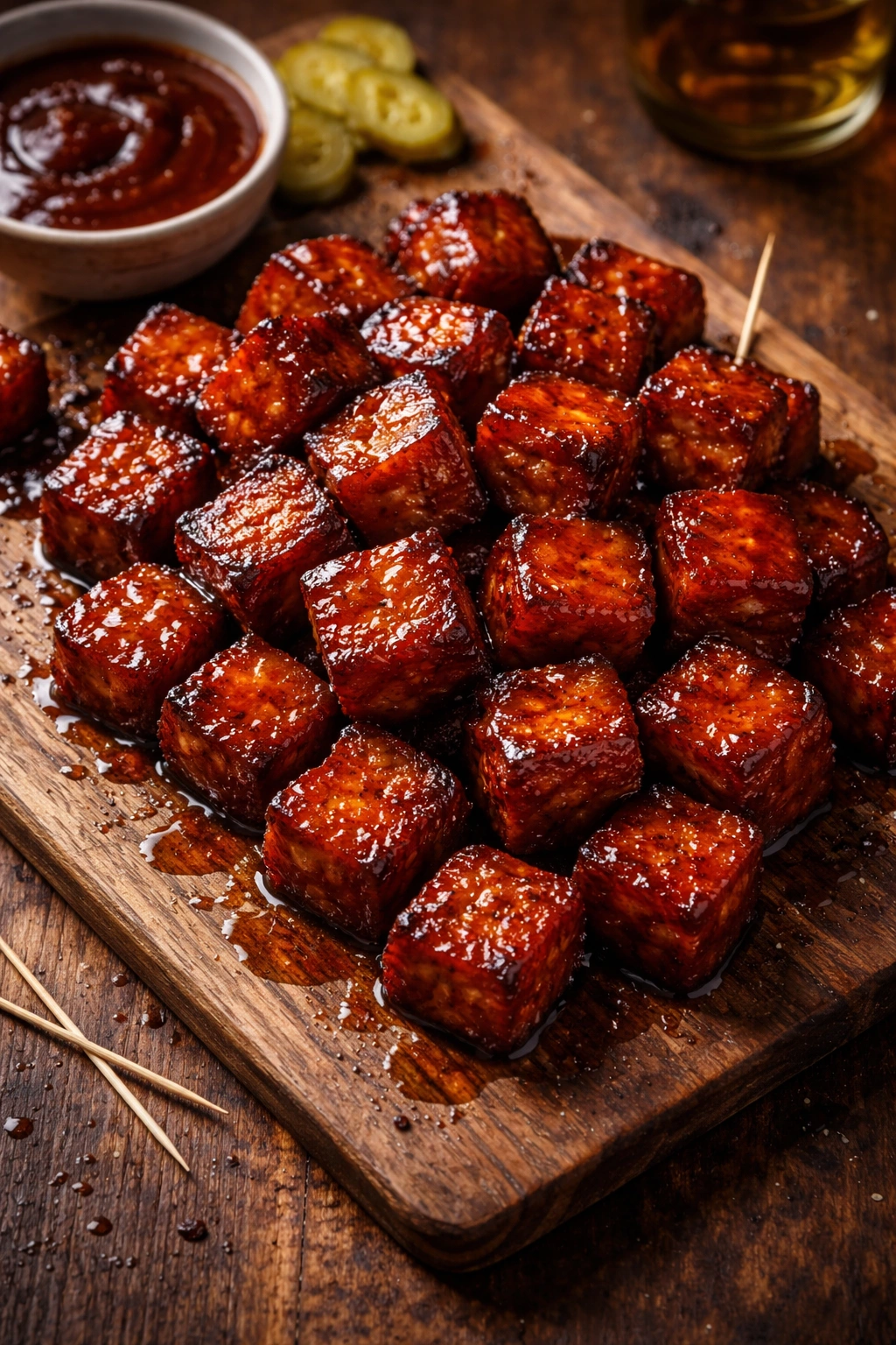 Bologna burnt ends on a rustic board with glaze in warm lighting, simple home setup