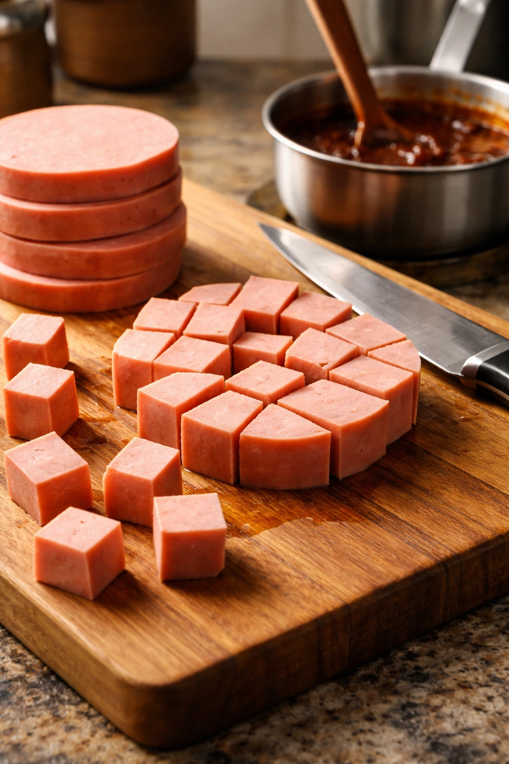 Close-up of bologna being sliced and cubed on a cutting board with a glaze in the background