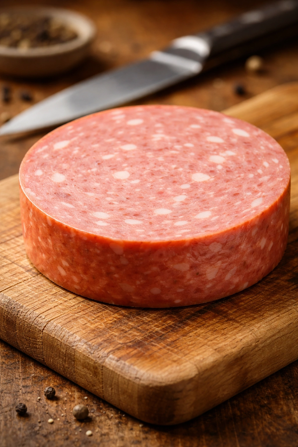 Thick marbled bologna slice on a cutting board