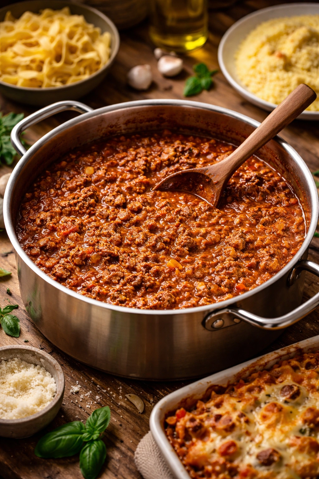 Close-up of thick Bolognese sauce simmering in a pot on the stove