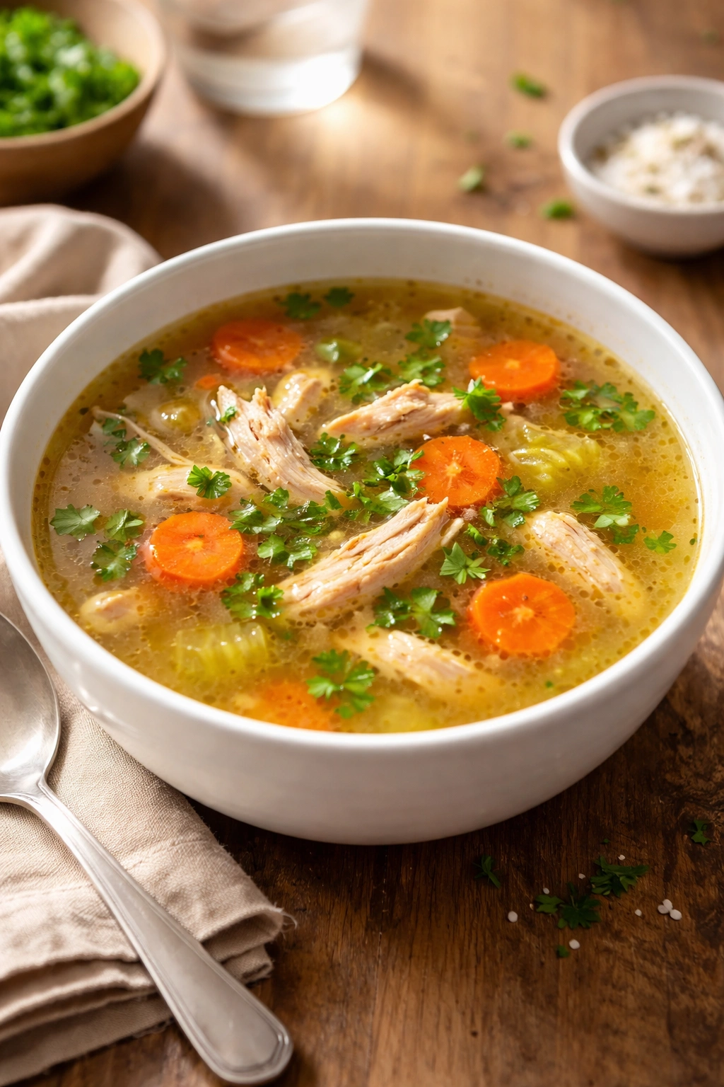 Steaming bowl of bone broth-based chicken soup with chicken pieces