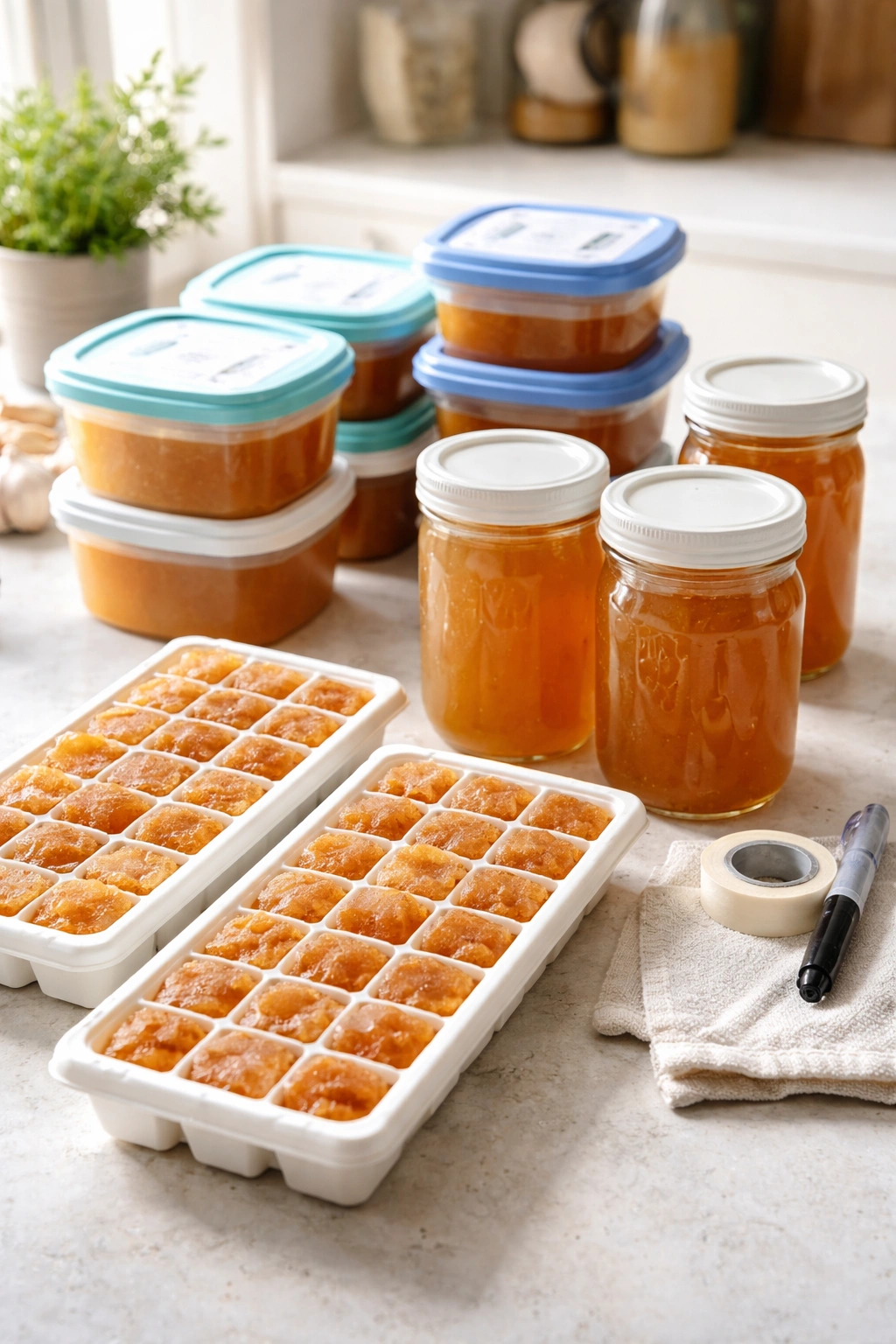 Row of bone broth in ice cube trays and containers ready for freezing on a clean kitchen counter