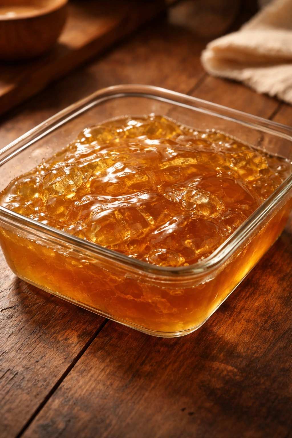 Close-up of wobbling gelatinous bone broth in a glass dish on wood