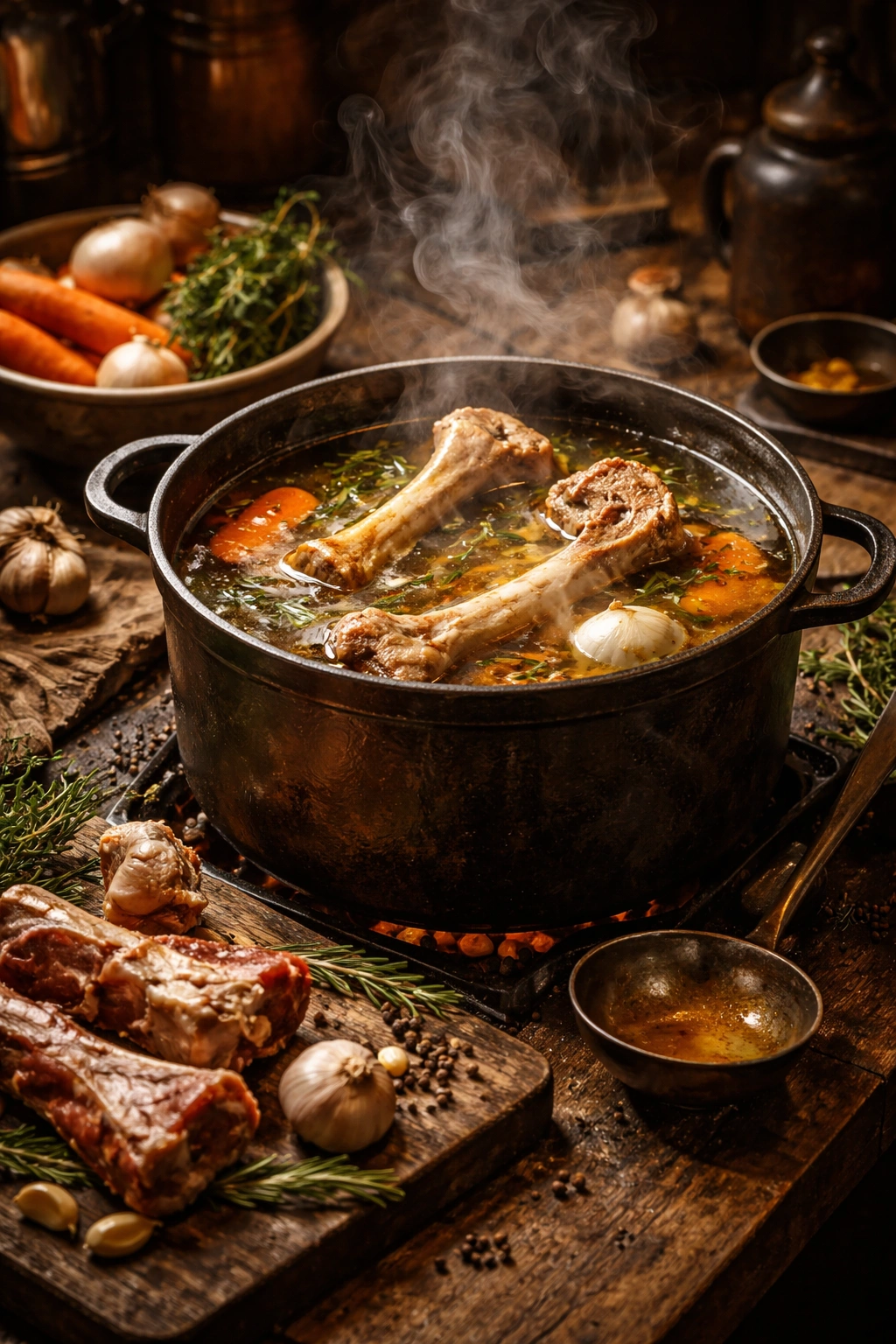 Rustic vintage kitchen with a large cast-iron pot simmering bone broth, steam rising.