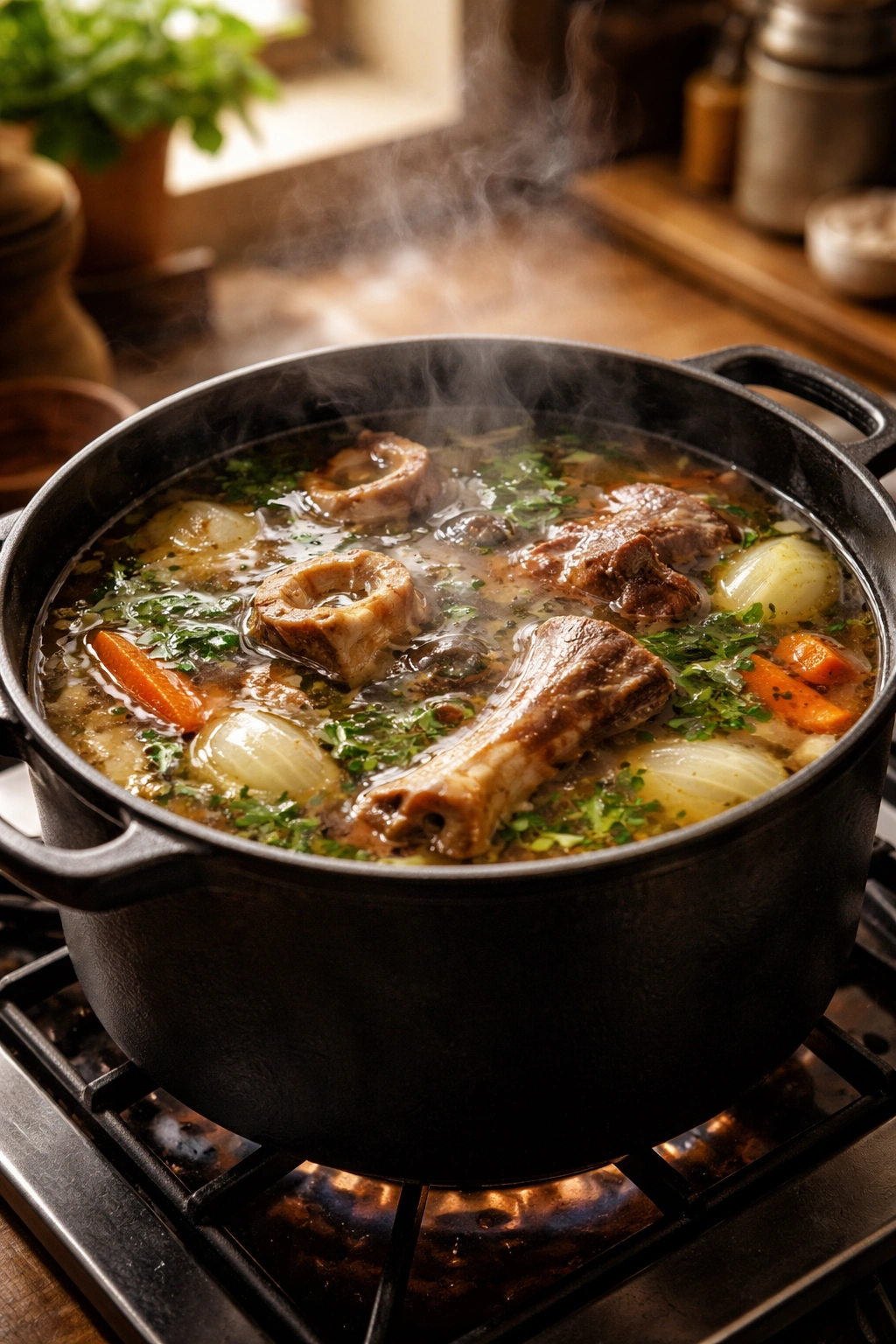 Close-up of a stock pot with a gentle simmer and steam, bones visible in rich bone broth