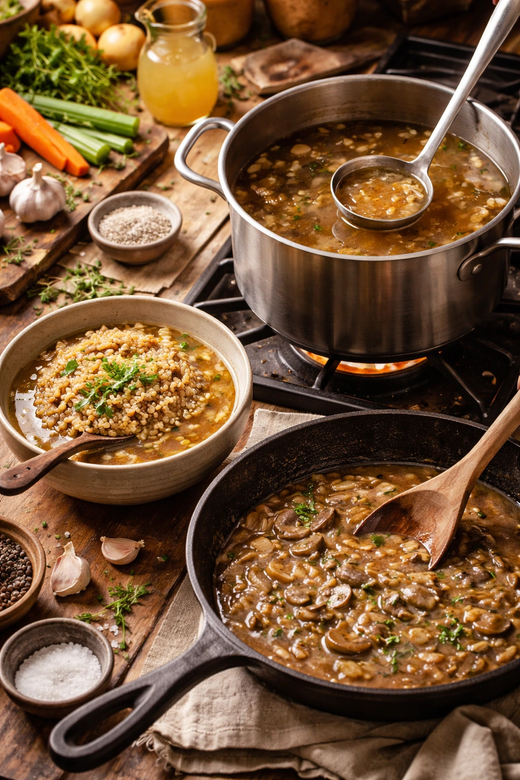 Kitchen scene showing bone broth used for soups, grains, and sauces