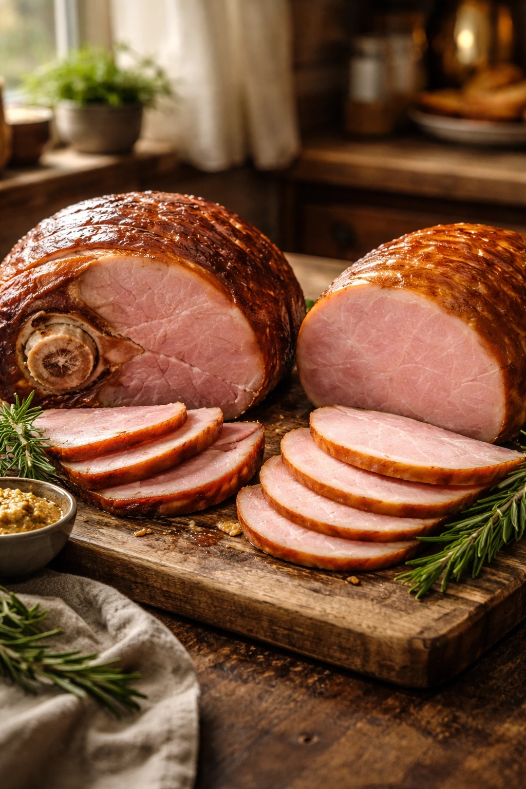 Close-up view of bone-in ham with visible knobby bone and boneless ham, showing texture and marbling.