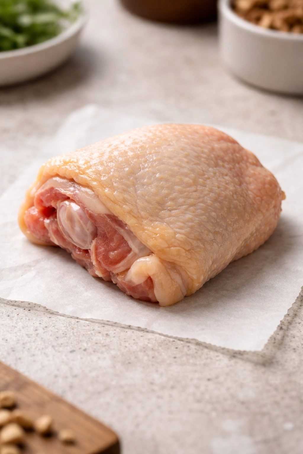 Close-up of a bone-in chicken thigh on a neutral surface
