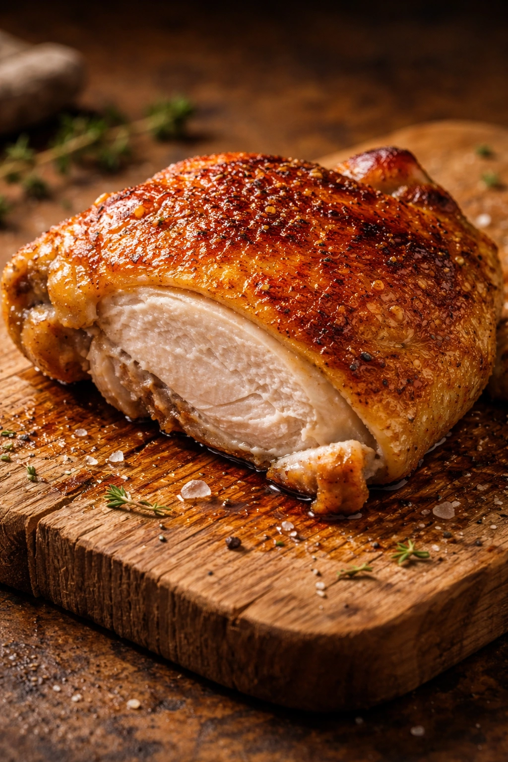 Close-up of crispy golden-brown bone-in chicken thigh showing white meat and no pink
