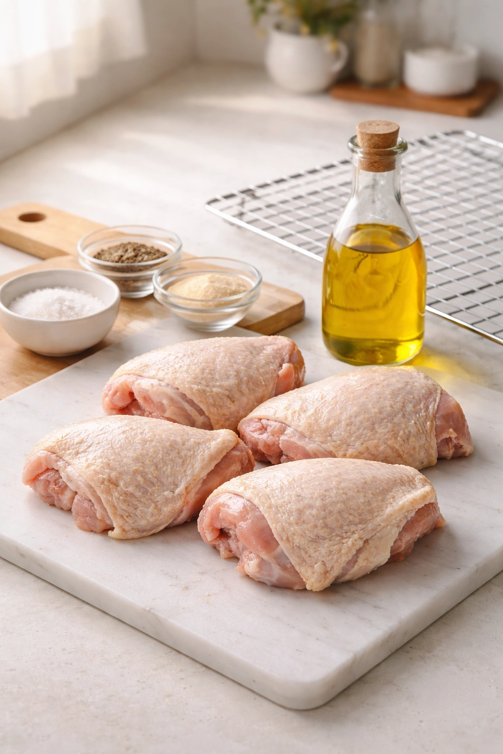 Bone-in chicken thigh with salt, olive oil, and rack nearby