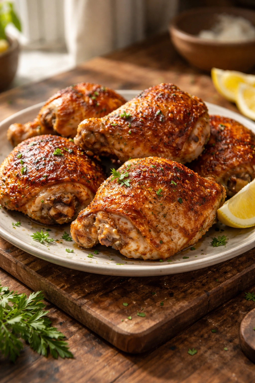 Plate of crispy bone-in chicken thighs with golden skin on a rustic wooden board