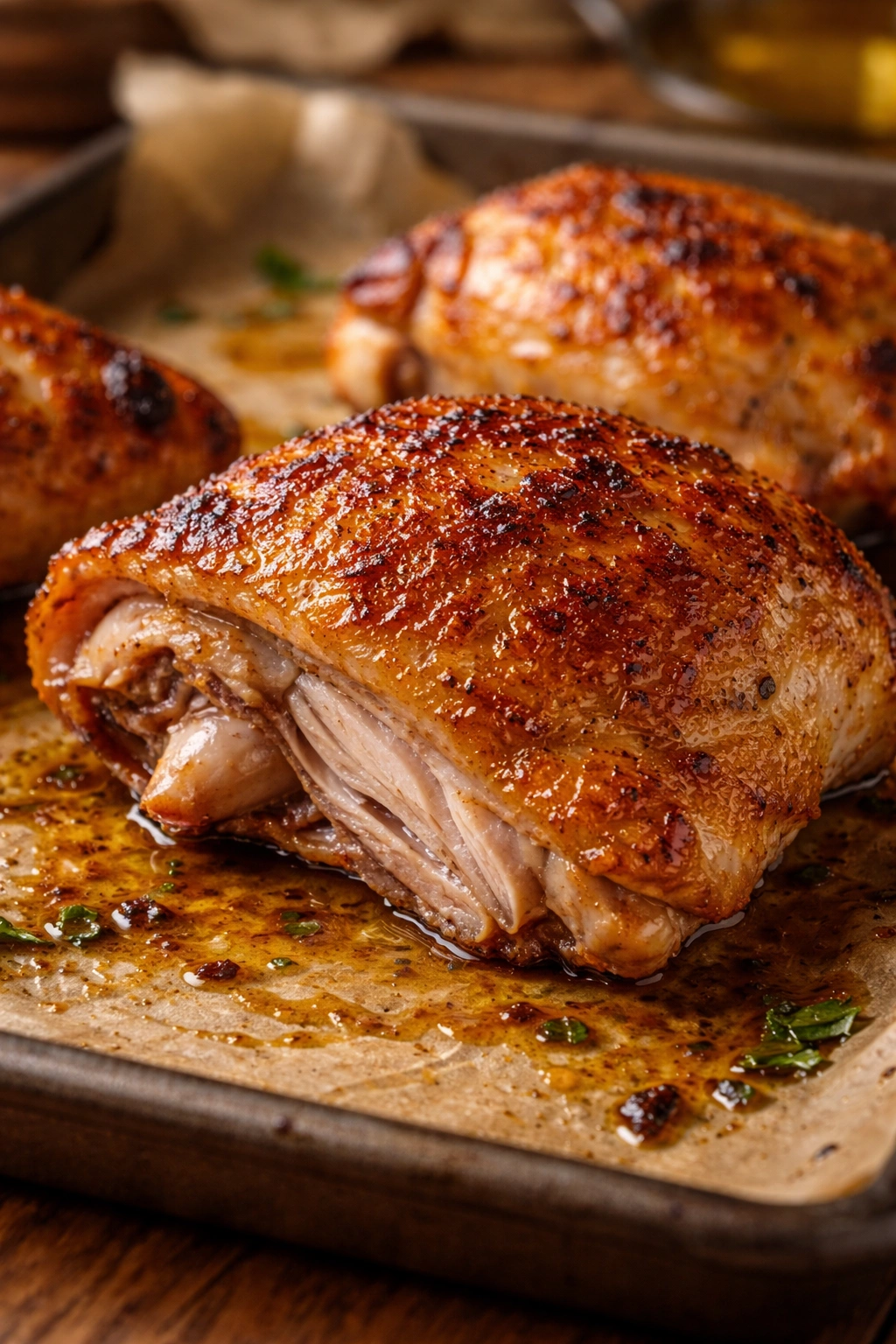 Close-up of bone-in chicken thigh with crispy skin