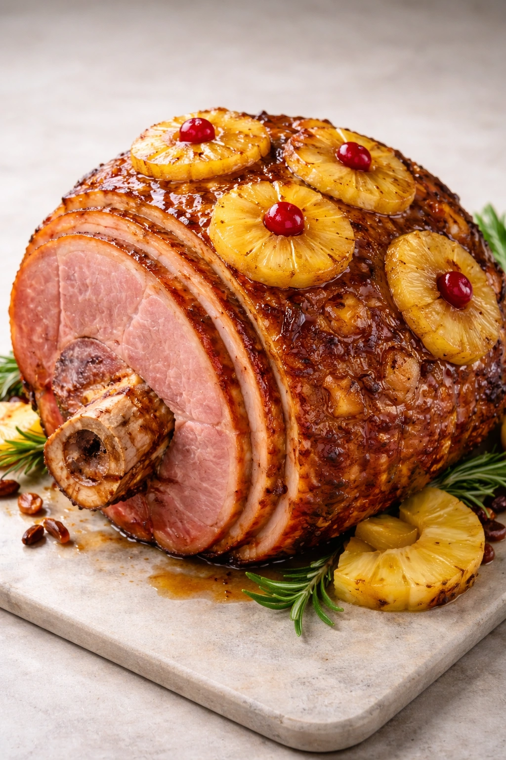 Bone-in ham roast showing bone end for flavor and moisture comparison