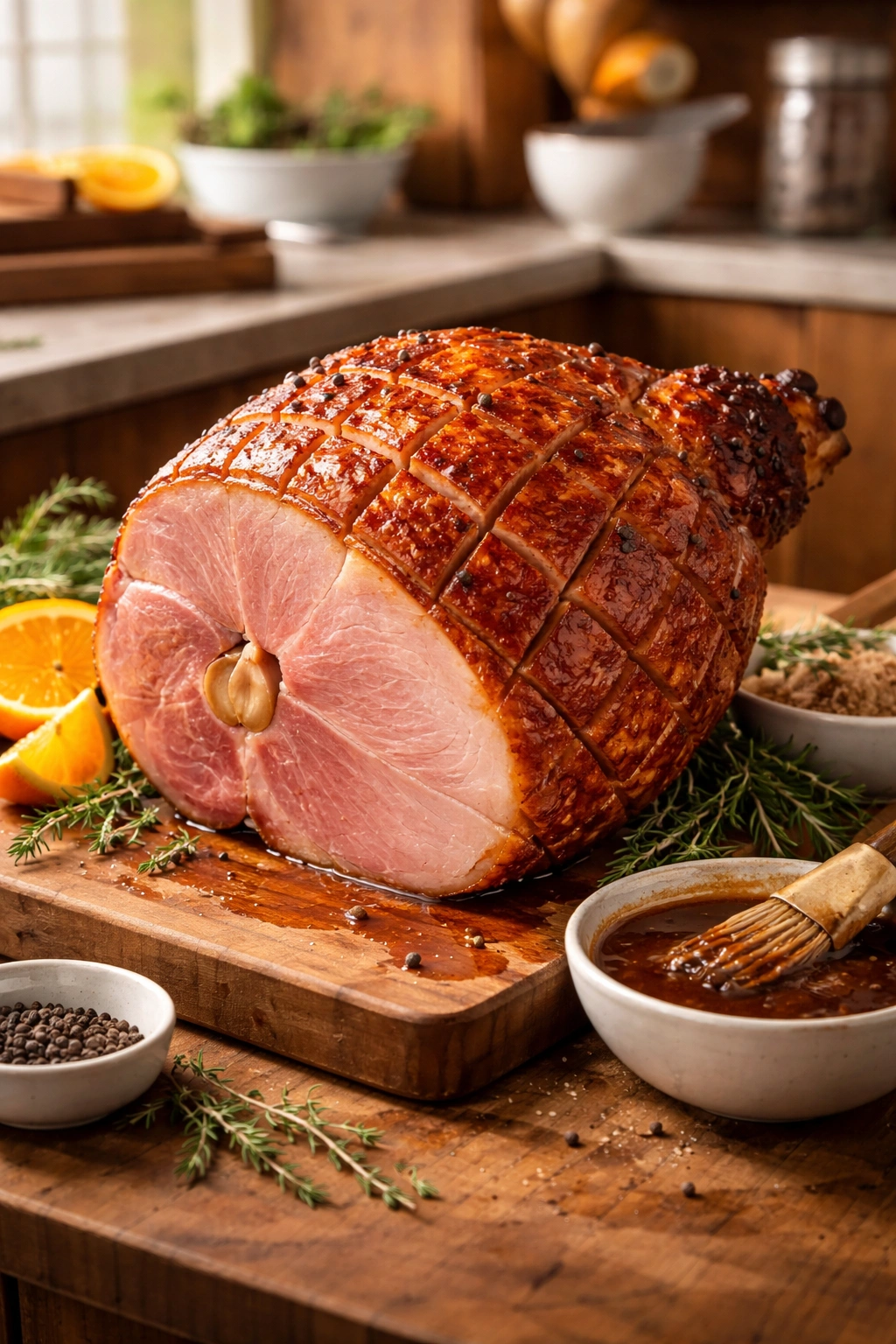 Bone-in ham on cutting board with scoring ready for glazing