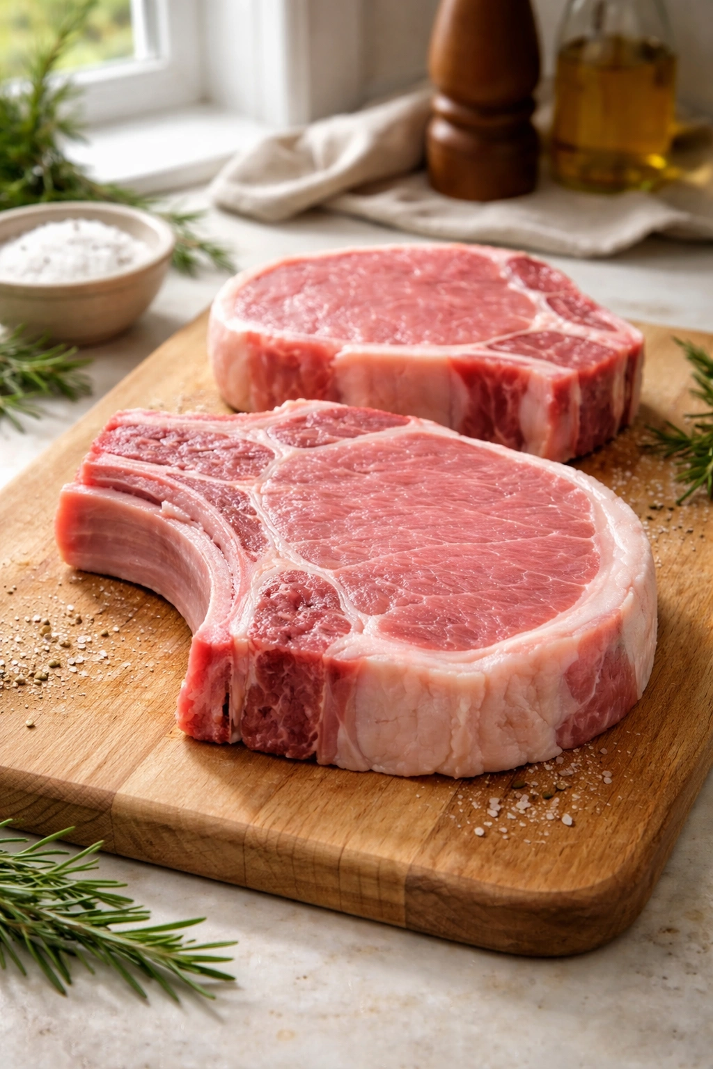 Bone-in pork chop with visible marbling on cutting board
