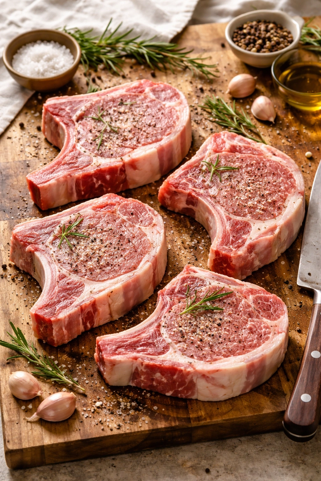 Close-up of bone-in pork chops on a butcher block