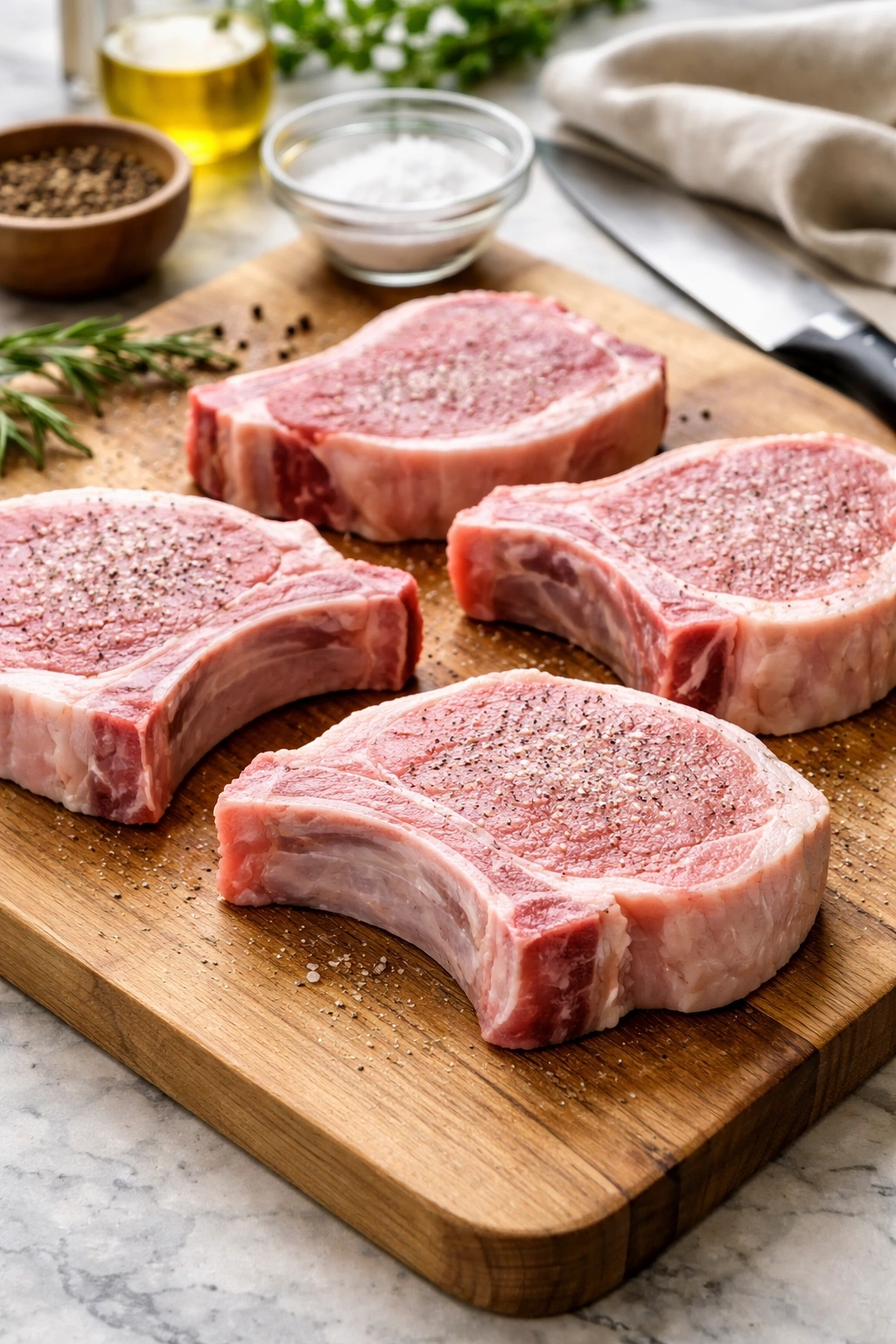 Raw bone-in pork chops on a butcher-block surface