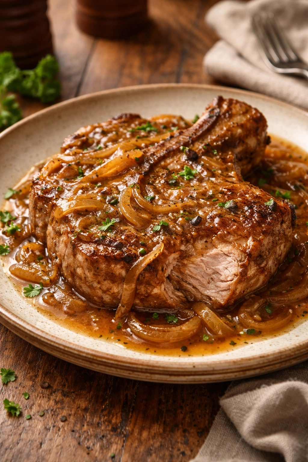 Close-up of bone-in pork chop in rich onion gravy, tender and juicy