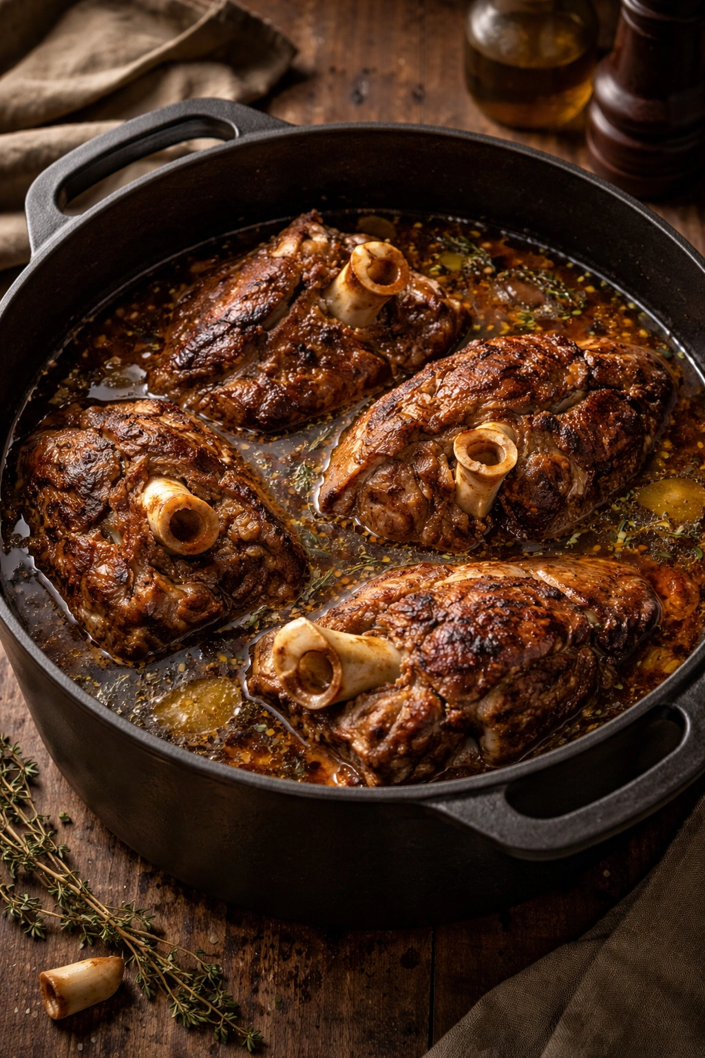Bone-in pork shoulder pieces in braising liquid in a Dutch oven