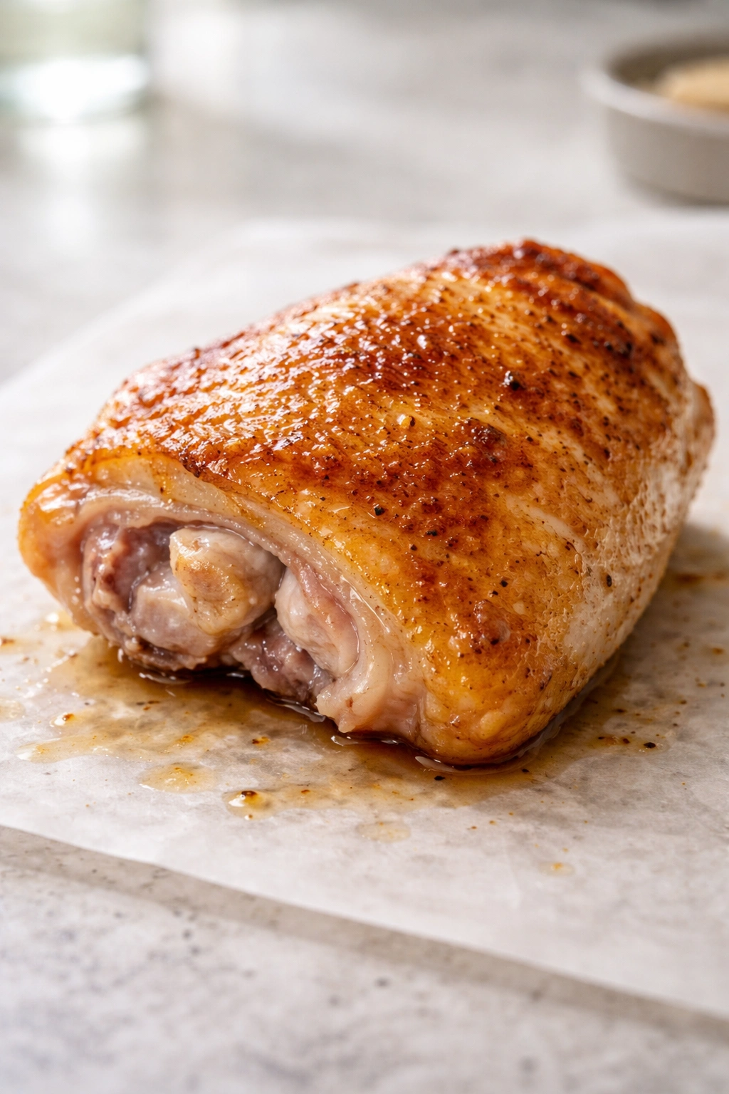 Bone-in skin-on chicken thigh on a neutral surface