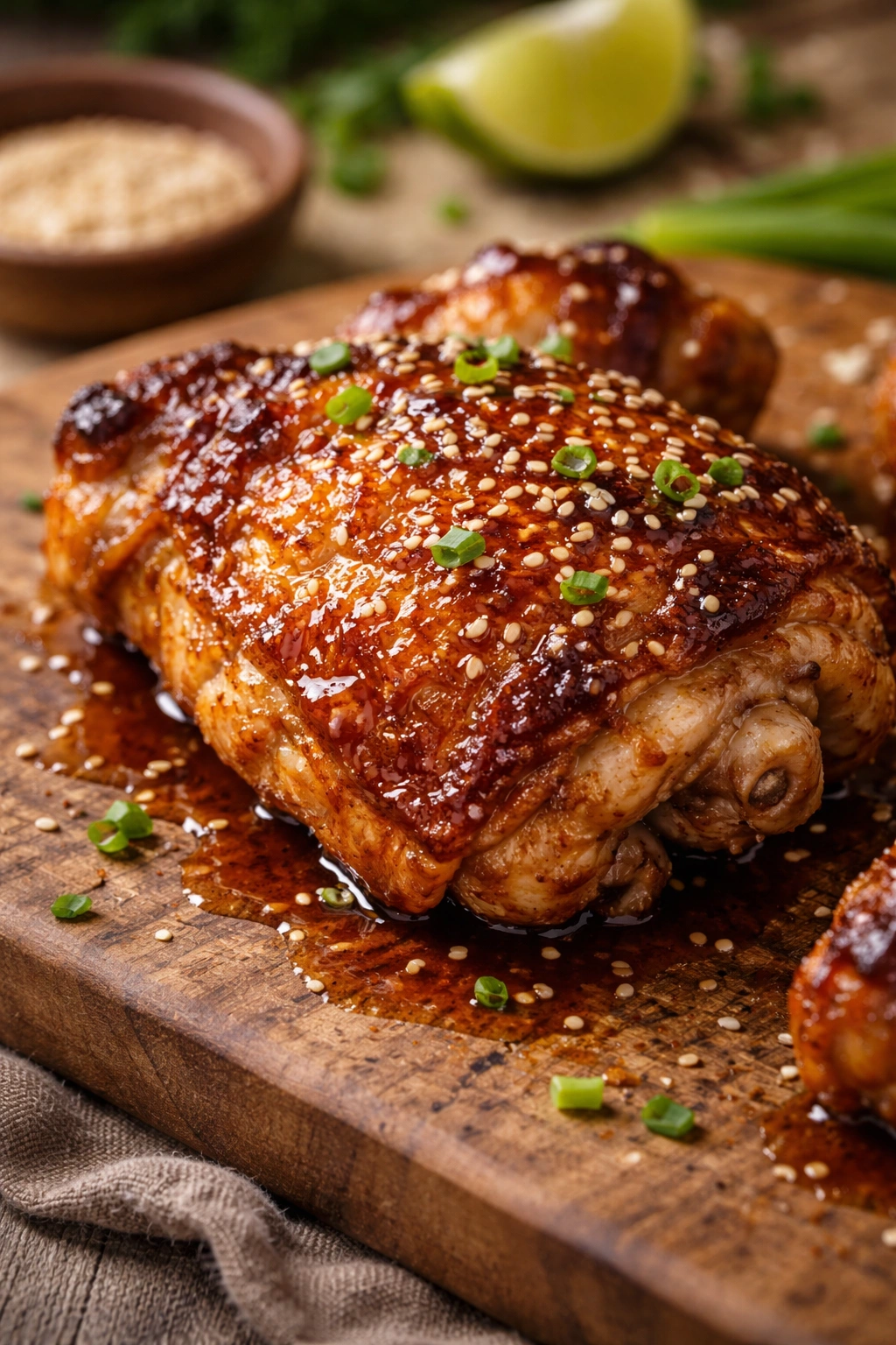 Crispy skin-on chicken thigh on wooden board