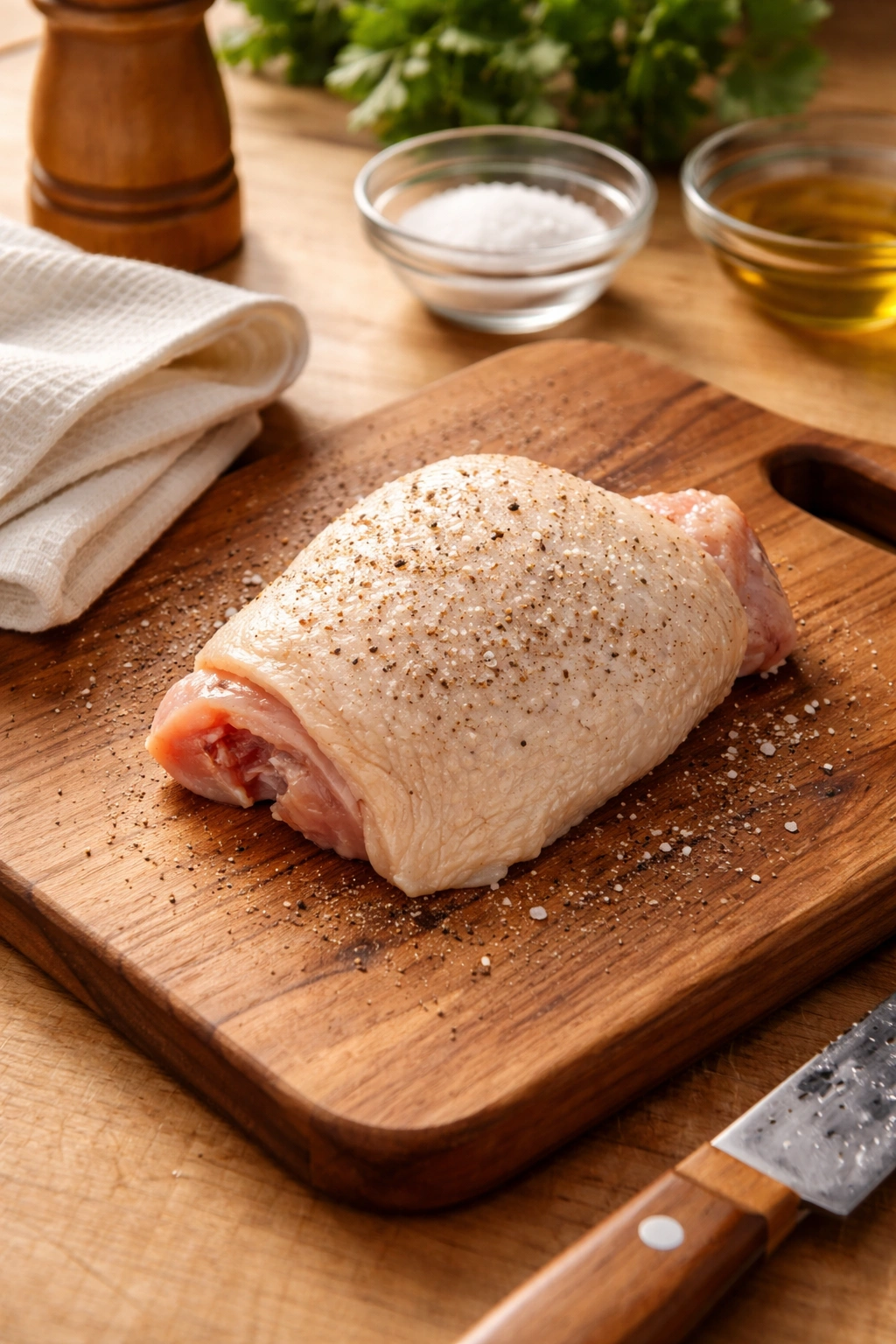 Bone-in skin-on chicken thigh on cutting board with salt and pepper