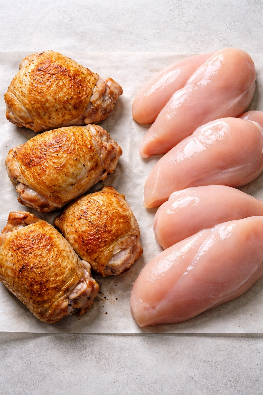 Bone-in, skin-on chicken thighs displayed on a neutral surface.