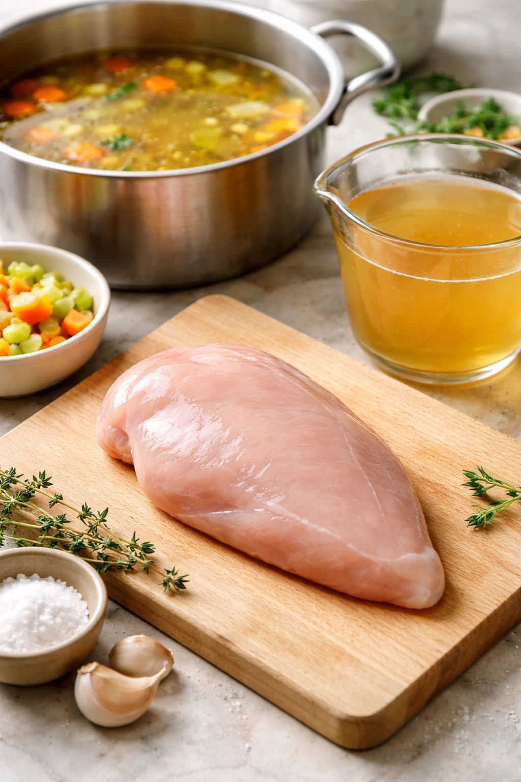 Boneless chicken breast on a clean surface in a simple kitchen