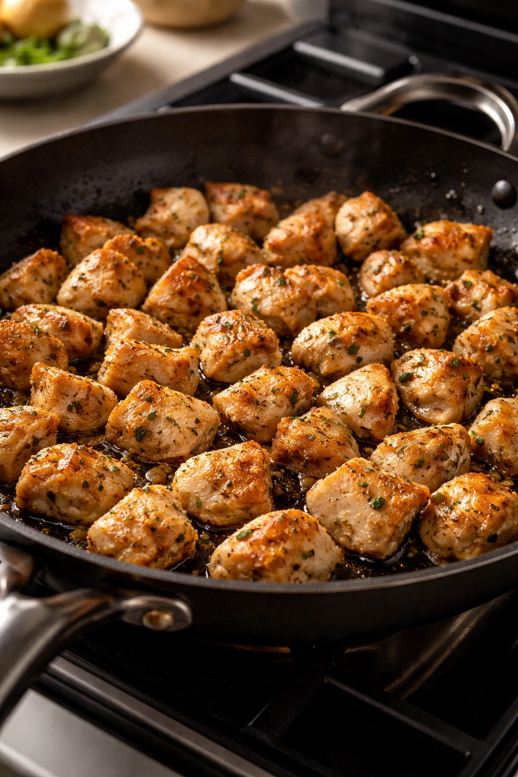 Boneless chicken cubes browning in a pan