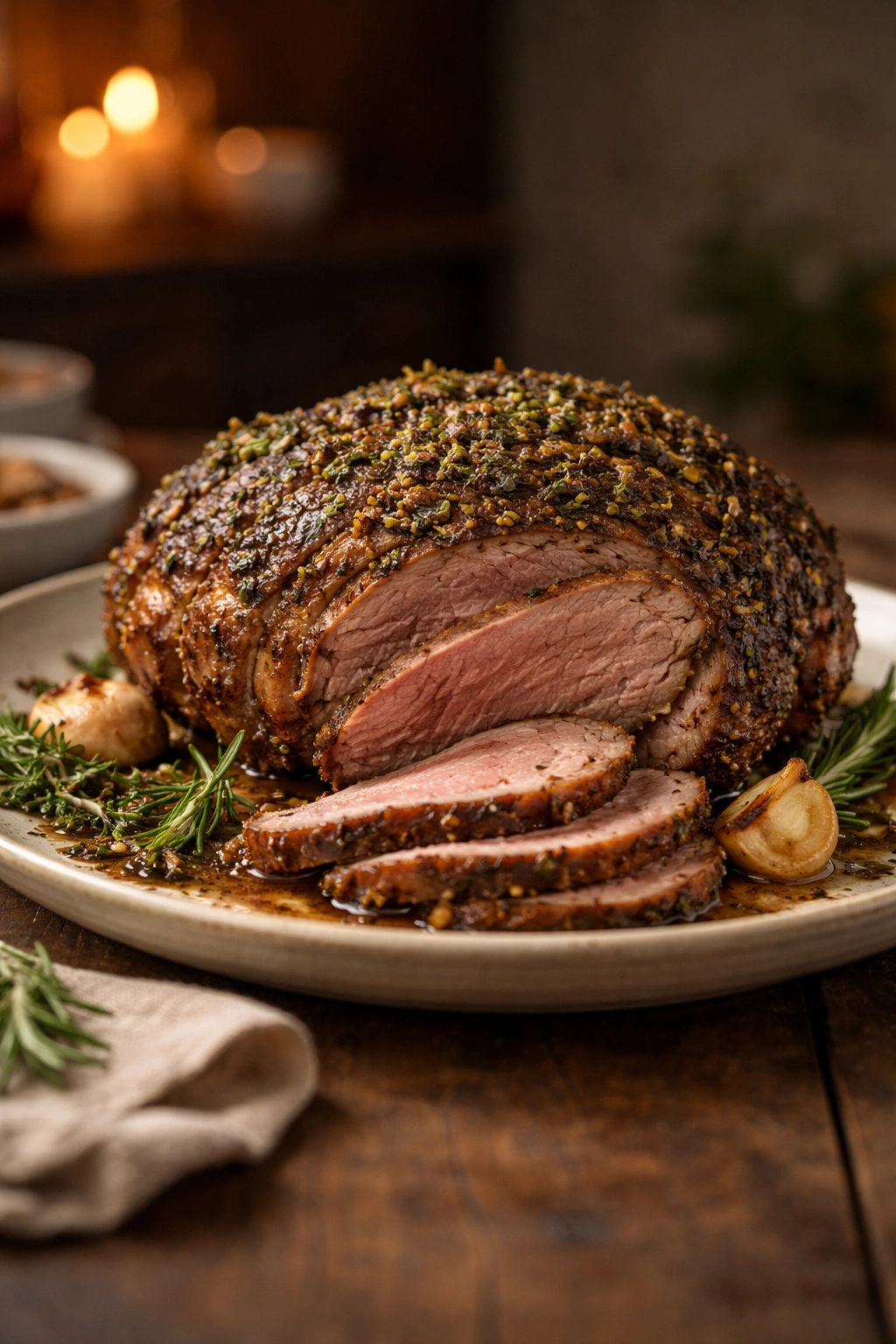 Boneless lamb centerpiece with herb crust on rustic platter, warm dining room lighting