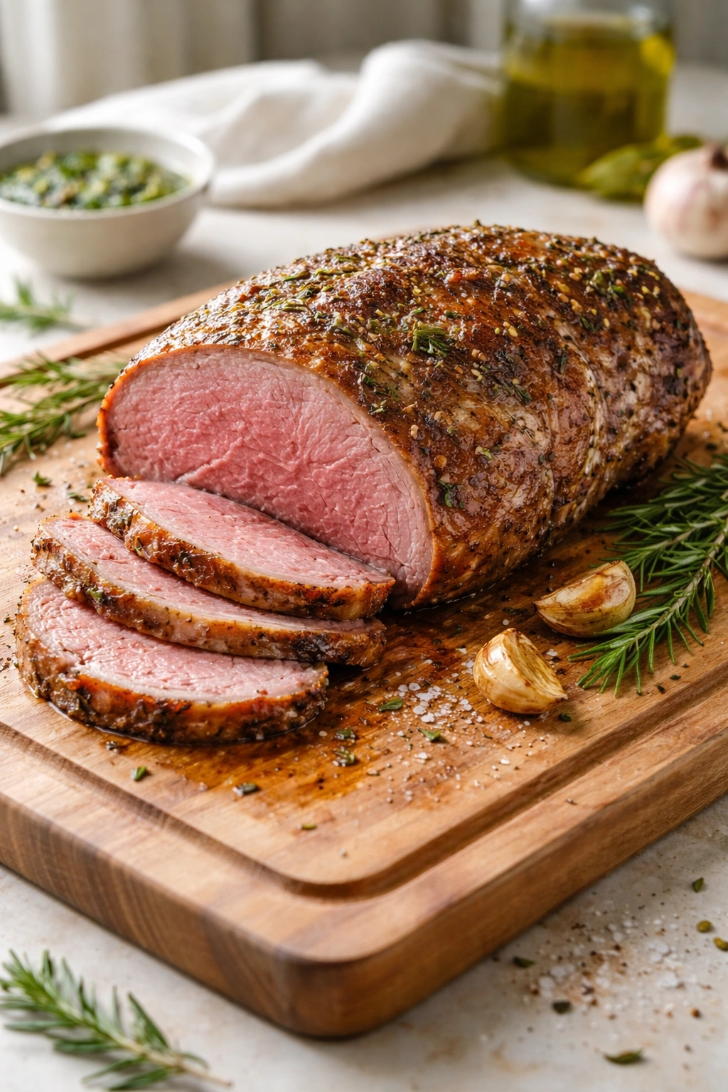 Boneless leg of lamb on cutting board, uniform color, no bone visible